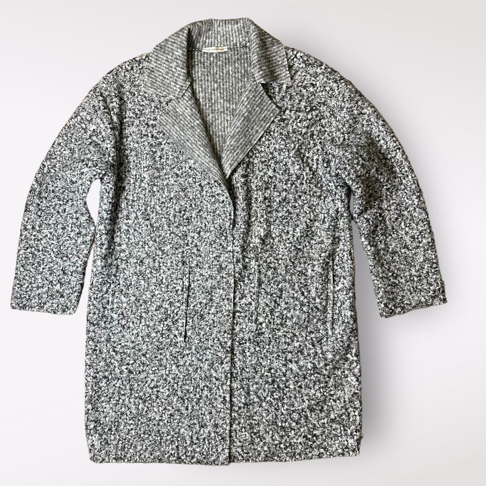 Women’s Italian Bouclé Knit Coat Gray Black Shawl Collar‎ New Collection L 13